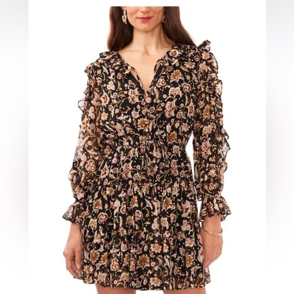 1. State Floral Black Dress mini ruffled might out Medium NWT